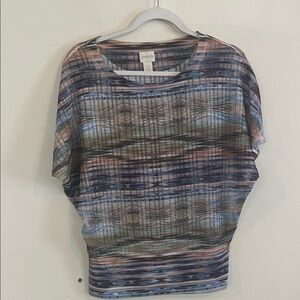 Chicos Open Knit Top‎ Abstract Artsy Blue Green Boho 2010s Geometric Casual